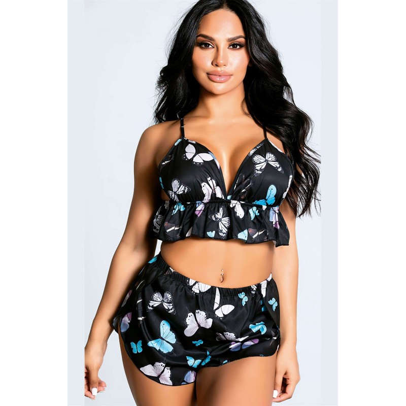 Kelebekli Siyah Saten Mini Şortlu Takım