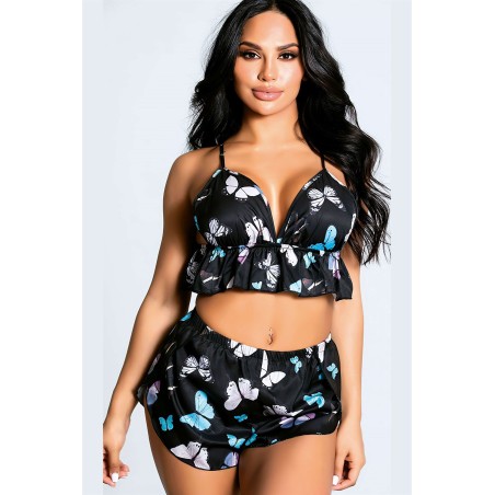 Kelebekli Siyah Saten Mini Şortlu Takım