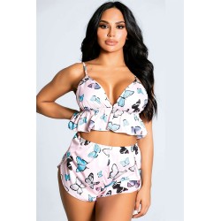 Kelebekli Pembe Saten Mini Şortlu Takım