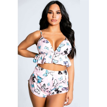 Kelebekli Pembe Saten Mini Şortlu Takım