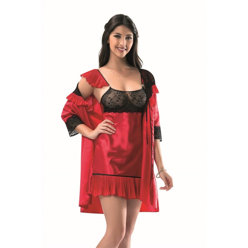 Aria's Closet Kırmızı Kısa İkili Saten Sabahlık Gecelik Takımı