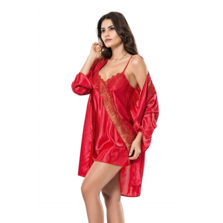 Aria's Closet Kırmızı Kısa İkili Saten Sabahlık Gecelik Takımı