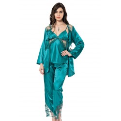 Aria's Closet Zümrüt Üçlü Saten Sabahlık Gecelik Pijama Takımı