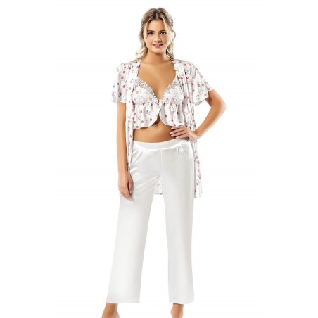 Aria's Closet Desenli Büstiyerli Üçlü Saten Sabahlık Gecelik Pijama Takımı