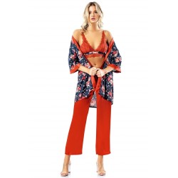 Aria's Closet Desenli Büstiyerli Kiremit Üçlü Saten Sabahlık Gecelik Pijama Takımı