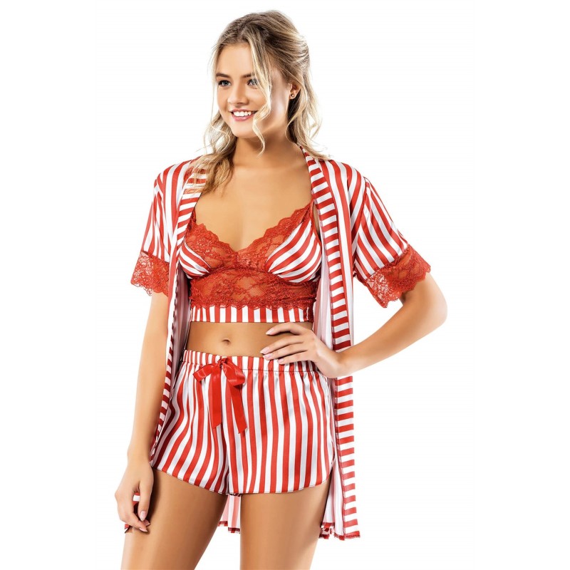Aria's Closet Çizgili Büstiyerli Kiremit Üçlü Saten Babydol Şort Takımı