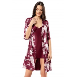 Aria's Closet Desenli Bordo Saten Sabahlık Gecelik Takımı