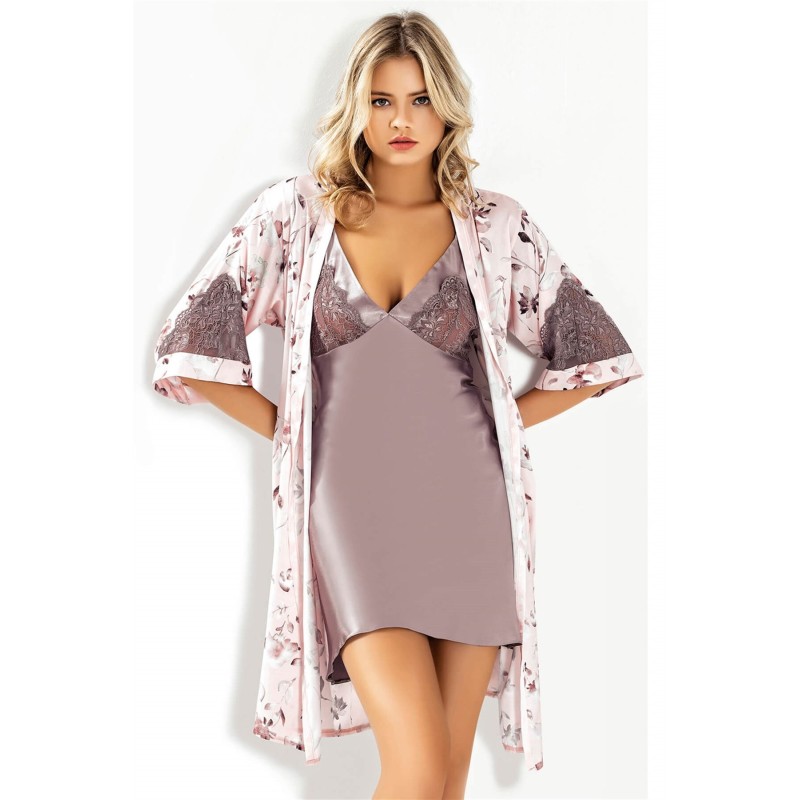 Aria's Closet Desenli Lila Saten Sabahlık Gecelik Takımı