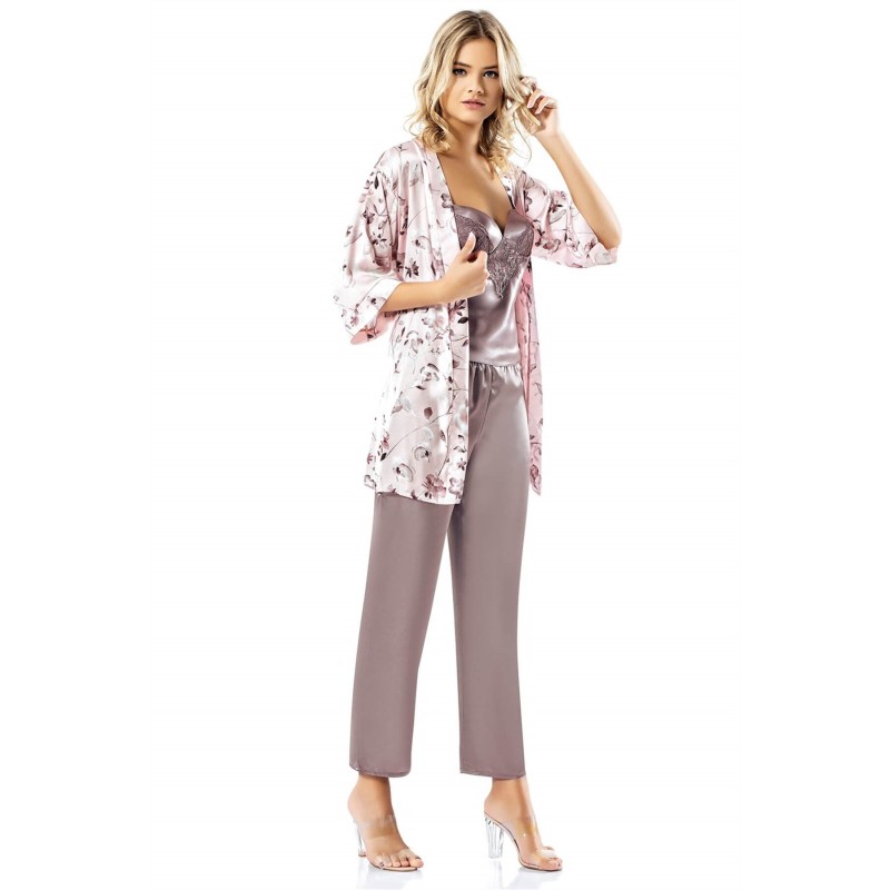 Aria's Closet Desenli Lila Üçlü Saten Gecelik Pijama Takımı