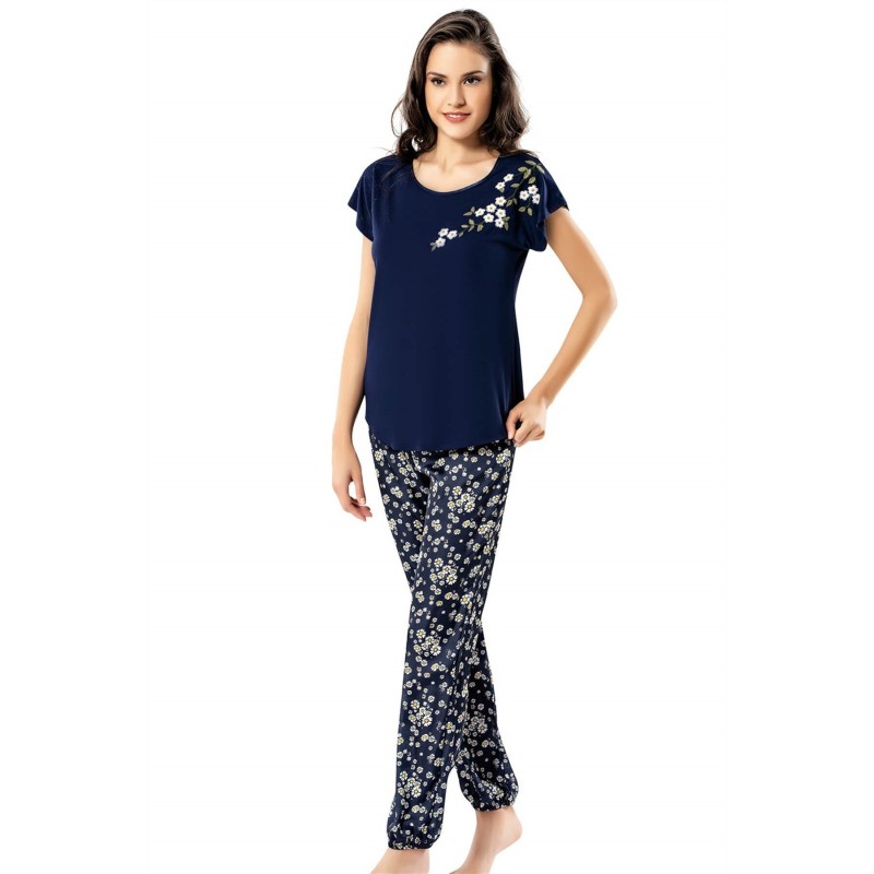 Aria's Closet Papatya Desenli Lacivert İkili Penye Gecelik Pijama Takımı