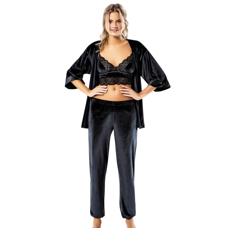 Aria's Closet Siyah Büstiyerli Üçlü Kadife Gecelik Pijama Takımı