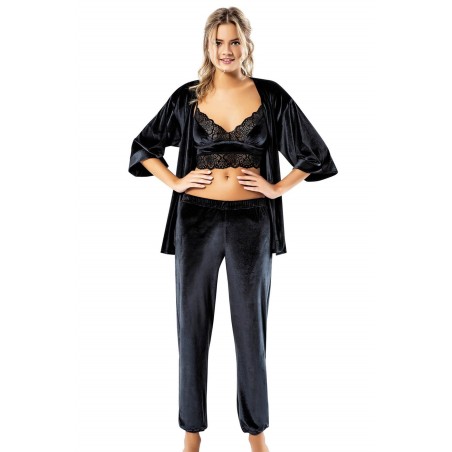 Aria's Closet Siyah Büstiyerli Üçlü Kadife Gecelik Pijama Takımı