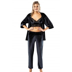 Aria's Closet Siyah Büstiyerli Üçlü Kadife Gecelik Pijama Takımı