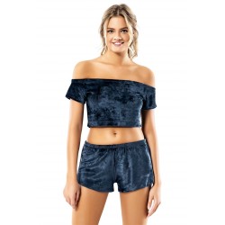 Aria's Closet Lacivert Büstiyerli Kadife Babydoll Şort Takımı