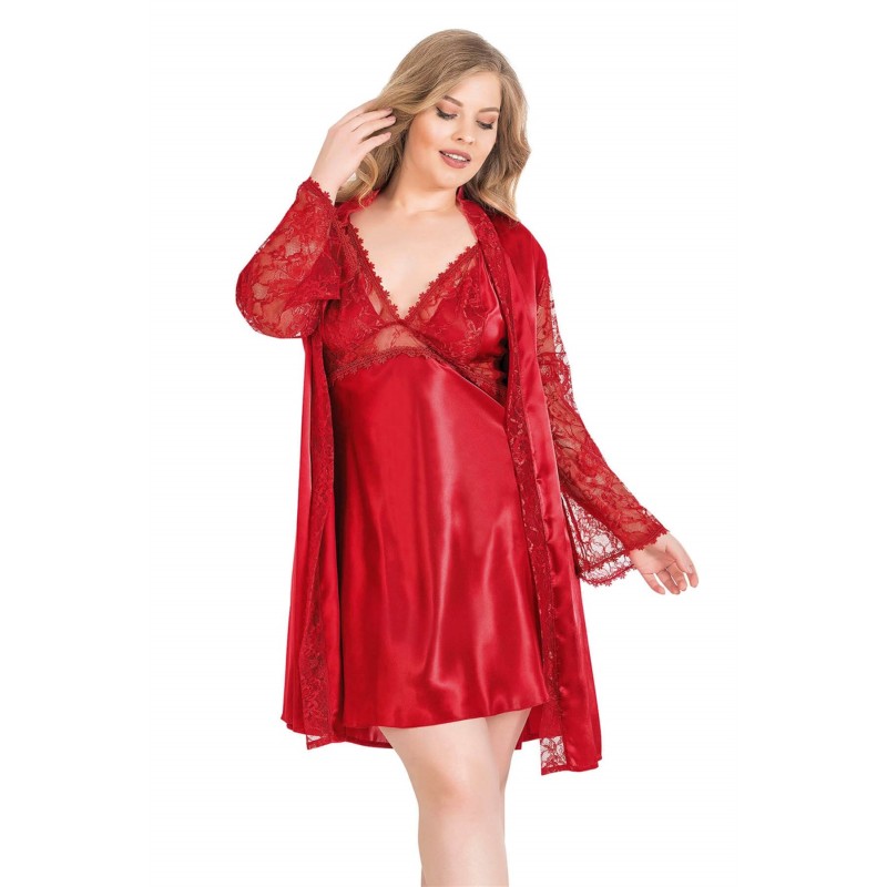 Aria's Closet Büyük Beden Kırmızı Kısa İkili Saten Sabahlık Gecelik Takımı