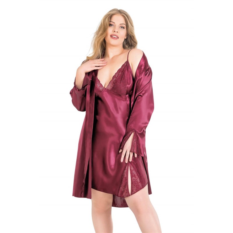 Aria's Closet Büyük Beden Bordo Kısa İkili Saten Sabahlık Gecelik Takımı 6156