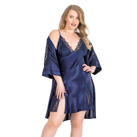 Aria's Closet Büyük Beden Lacivert Kısa İkili Saten Sabahlık Gecelik Takımı