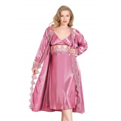 Aria's Closet Büyük Beden Gül Kurusu Uzun İkili Saten Sabahlık Gecelik Takımı