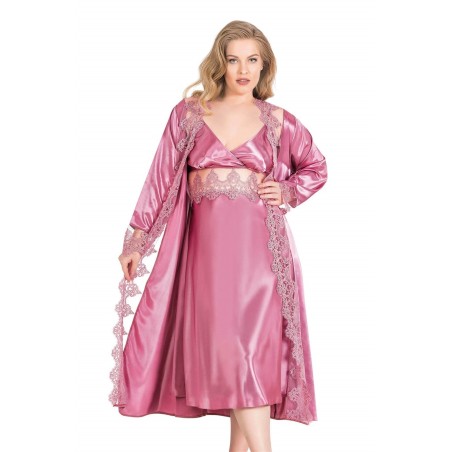 Aria's Closet Büyük Beden Gül Kurusu Uzun İkili Saten Sabahlık Gecelik Takımı