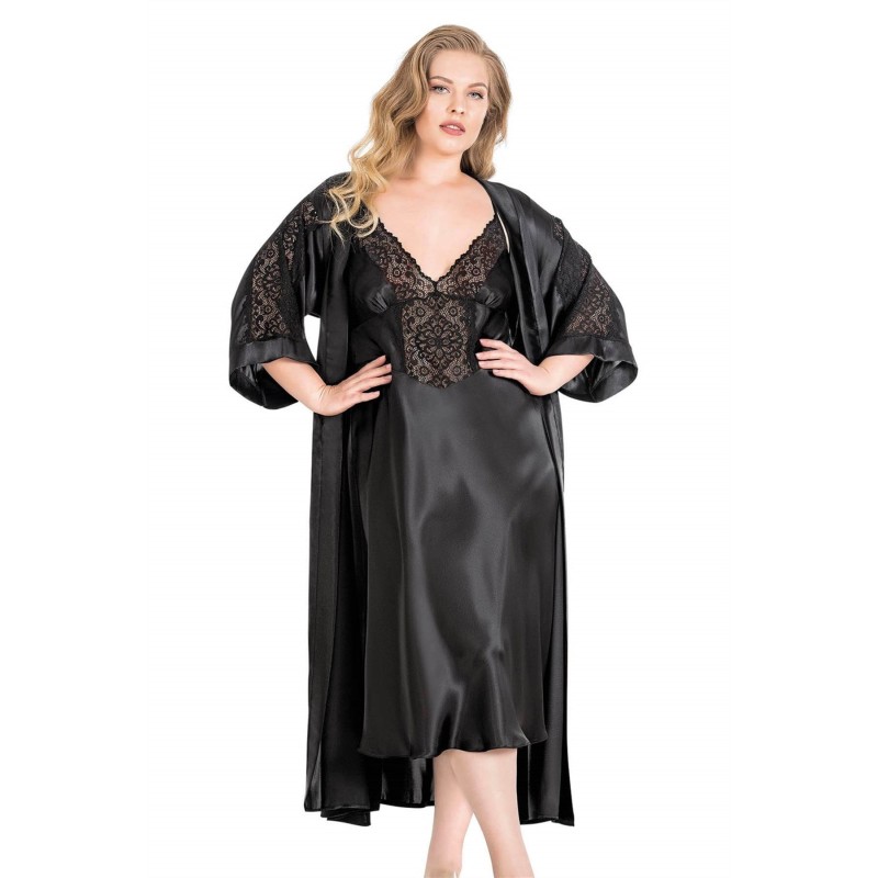 Aria's Closet Büyük Beden Siyah Uzun İkili Saten Sabahlık Gecelik Takımı
