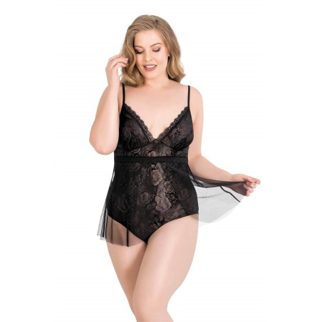 Aria's Closet Büyük Beden Siyah Bodysuit Jakarlı Gecelik