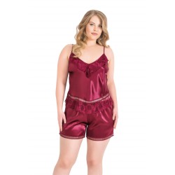 Aria's Closet Büyük Beden Bordo Saten Babydoll Şort Takımı