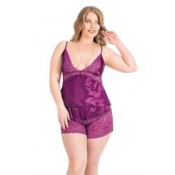 Aria's Closet Büyük Beden Mor Saten Babydoll Şort Takımı