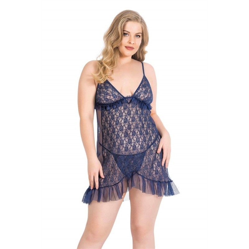 Aria's Closet Büyük Beden Lacivert Kısa Tül Gecelik