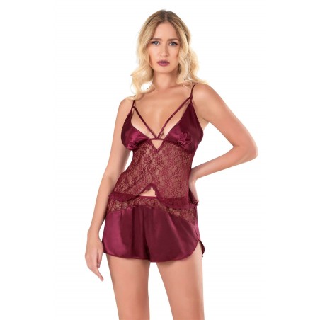 Aria's Closet Bordo Saten Babydoll Şort Takımı