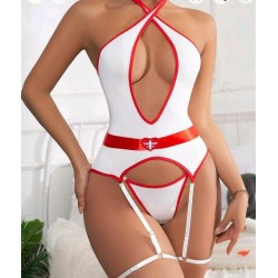 Beyaz Kırmızı Kuşaklı Jartiyerli Hemşire Babdoll Kostüm şık 52089