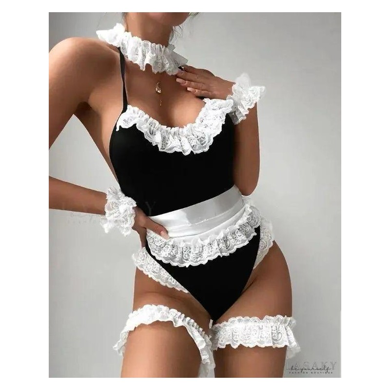 Siyah Dantelli Hizmetci Jartiyerli Kostüm 52043