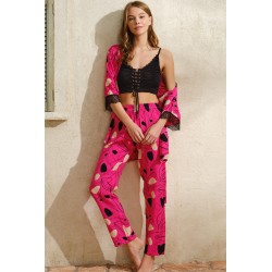 Aria's Closet İp Askılı V Yaka Çiçek Desenli Yazlık Uzun İp Detaylı Pijama Altı Sabahlık