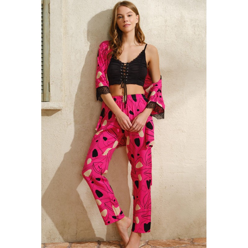 Aria's Closet İp Askılı V Yaka Çiçek Desenli Yazlık Uzun İp Detaylı Pijama Altı Sabahlık