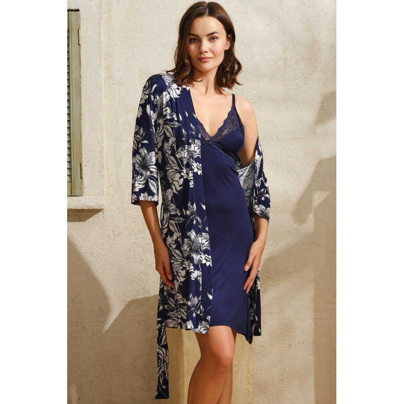 Aria's Closet Viskon Çiçek Baskılı Sabahlık ve Dantelli Kısa Gecelik Takım