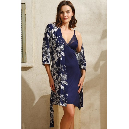 Aria's Closet Viskon Çiçek Baskılı Sabahlık ve Dantelli Kısa Gecelik Takım
