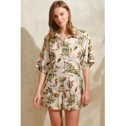 Aria's Closet Kısa Yarım Kol V Yaka Kadın Viskon Çiçek Desenli Yazlık Kısa Düğmeli Pijama Takımı