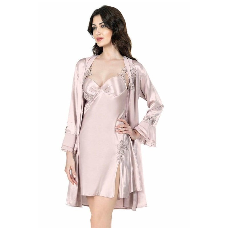 Ahu Pudra Kısa İkili Saten Sabahlık Gecelik Takımı 7623