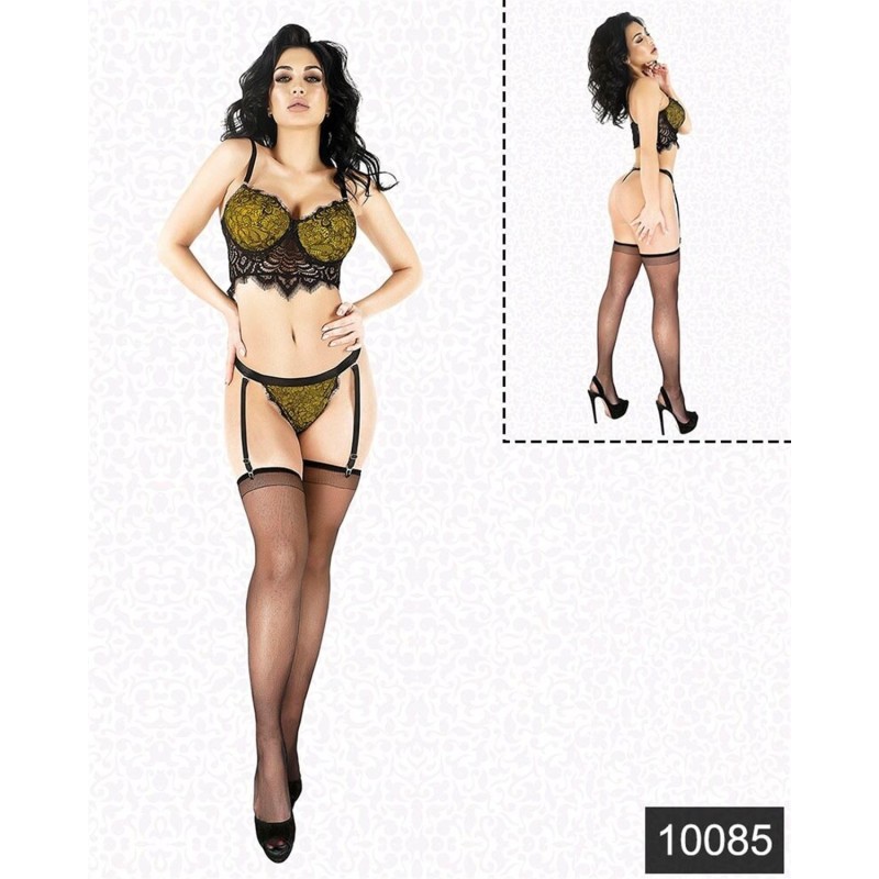 Aria's Closet Fantazi Sarı Lamine Dantel Jartiyer Büstiyer Takım