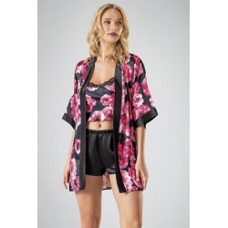 Ahu Bodysuit 3'lü Şort Takımı Siyah Çiçek Desenli 7732