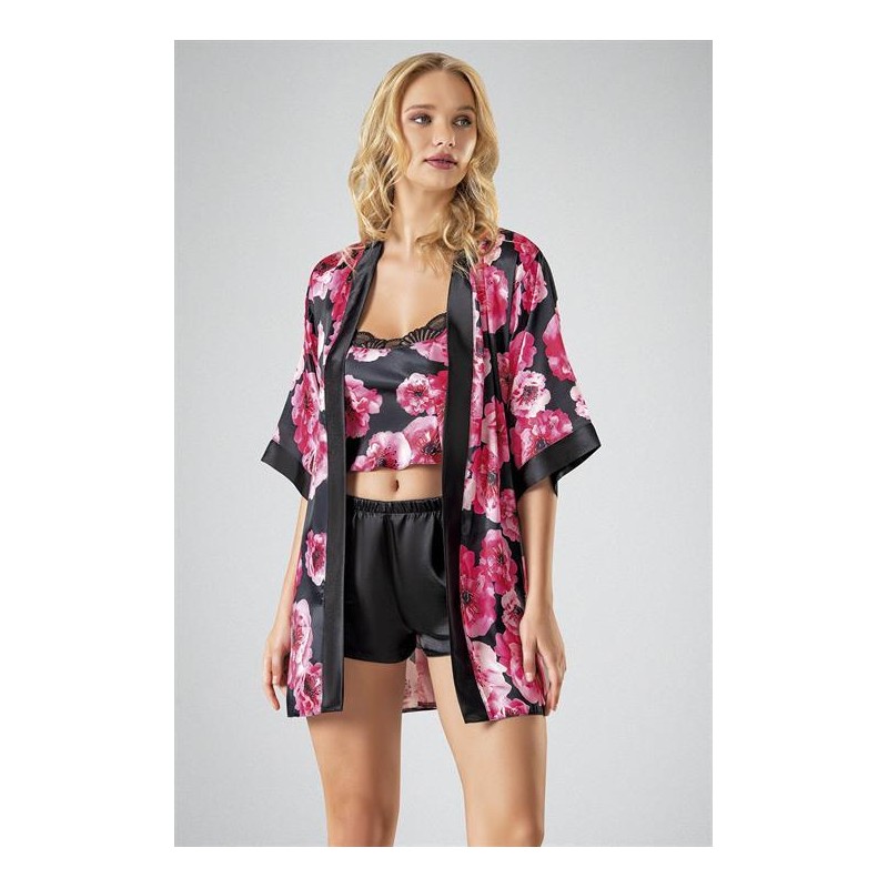 Ahu Bodysuit 3'lü Şort Takımı Siyah Çiçek Desenli 7732